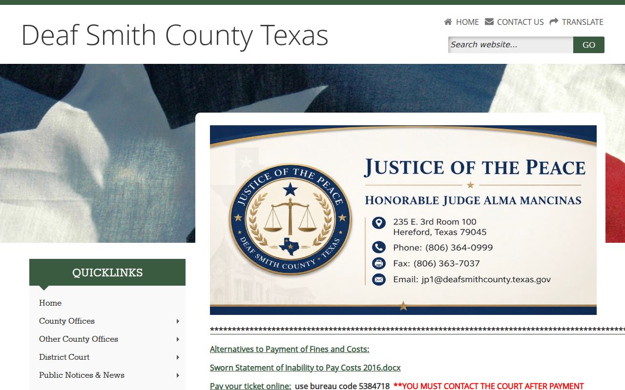 Deaf Smith County active warrant list link on the Justice of the Peace page